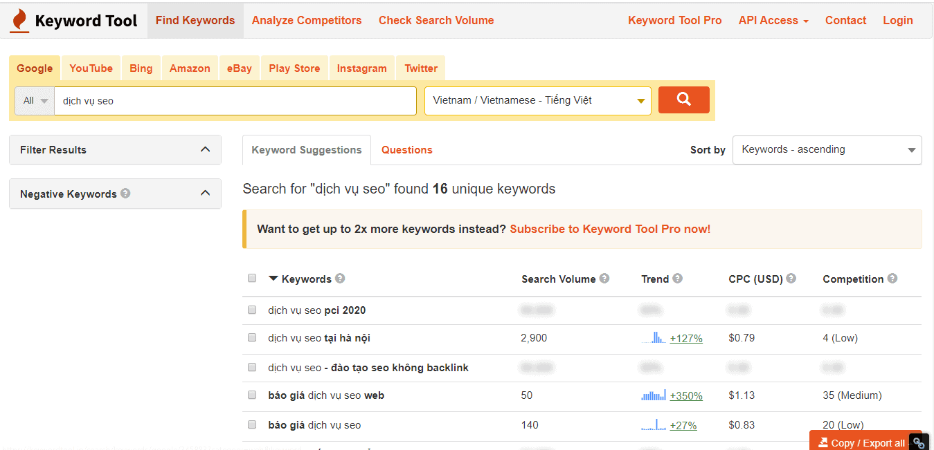 Sử dụng công cụ KeywordTool.io để tìm LSI keyword