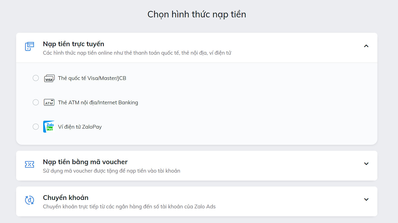 Các hình thức nộp tiền Zalo ads