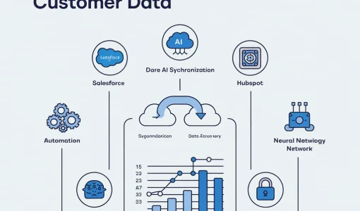 Infographic về tích hợp CRM, với biểu tượng CRM, đồng bộ dữ liệu, tự động hóa, AI và bảo mật dữ liệu, phối màu xanh dương và trắng.