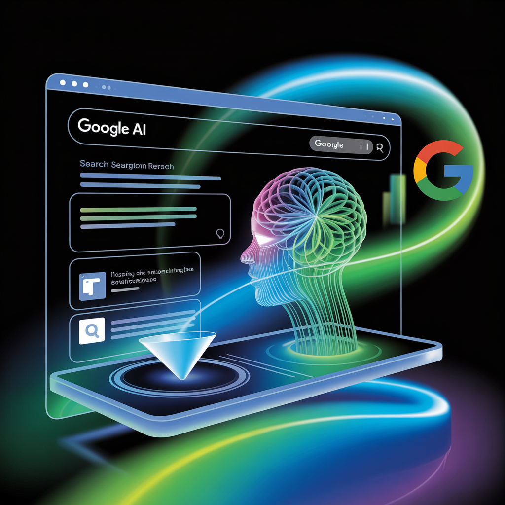 Hình ảnh minh họa giao diện tìm kiếm của Google sử dụng AI Mode, với kết quả tìm kiếm thông minh, đề xuất nội dung và trí tuệ nhân tạo xử lý dữ liệu